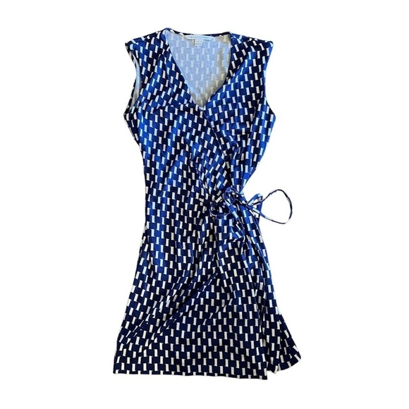 Diane Von Furstenberg Callista Sleeveless Blue and White Silk Wrap Dress - Picture 1 of 6